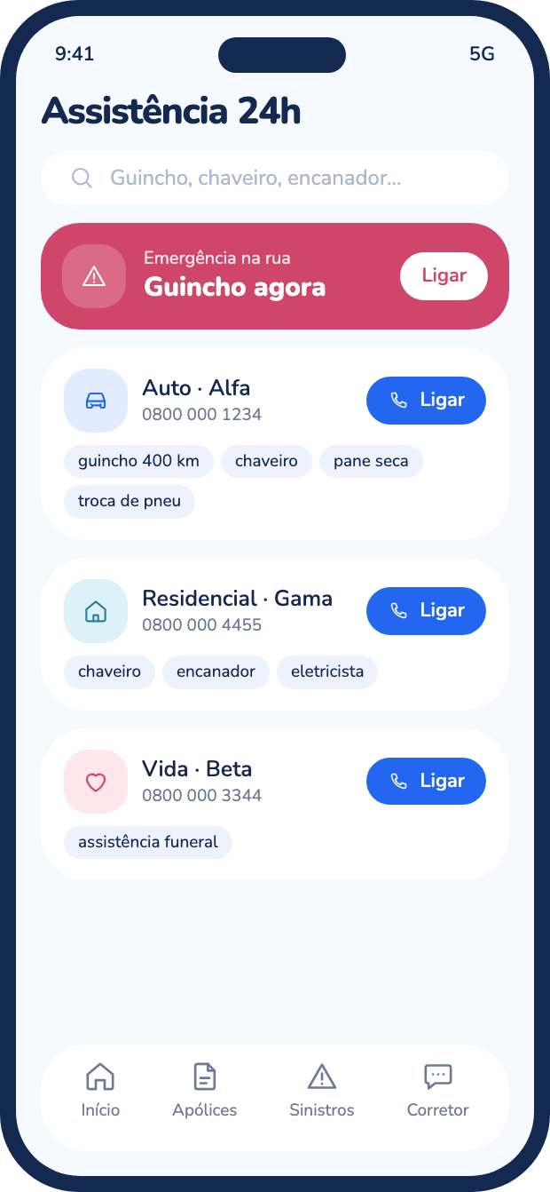 Tela da central de assistência 24 horas