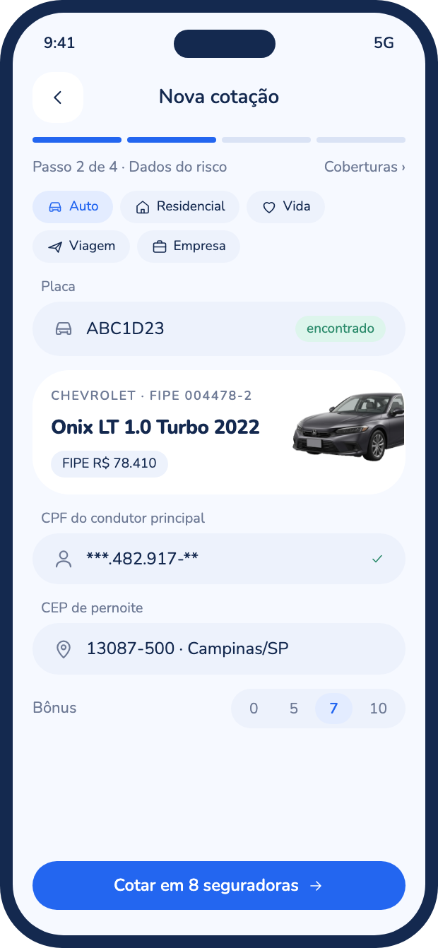 Tela de nova cotação de seguro auto