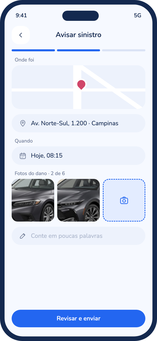 Aviso de sinistro com local e fotos
