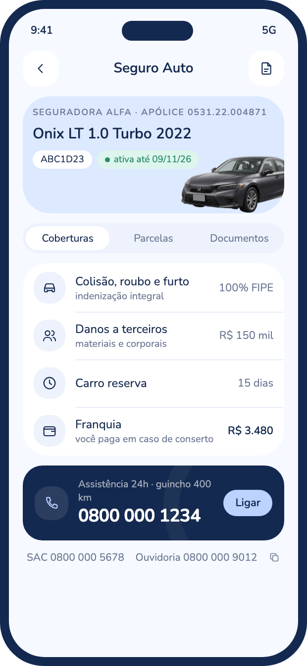 Tela do detalhe da apólice de seguro auto com coberturas e telefone de assistência