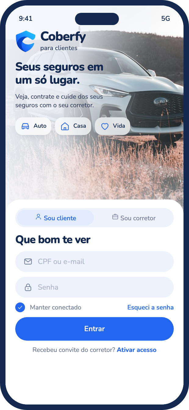 Tela de entrada do cliente no app