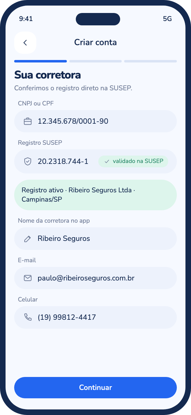 Tela de cadastro da corretora com o registro SUSEP validado