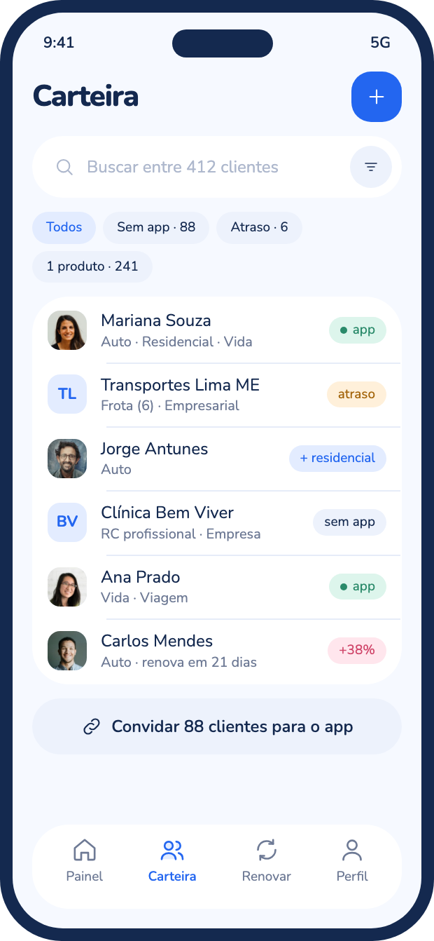 Tela da carteira com o filtro de clientes sem o app
