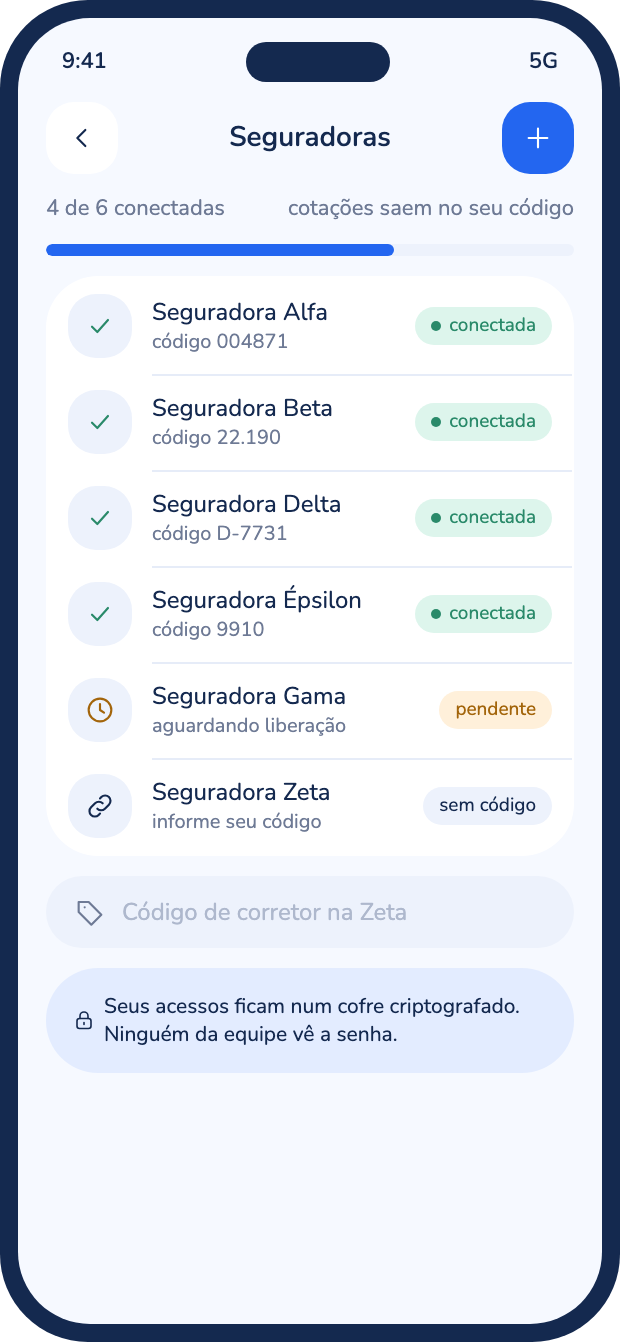 Tela para conectar as seguradoras com o código de corretor