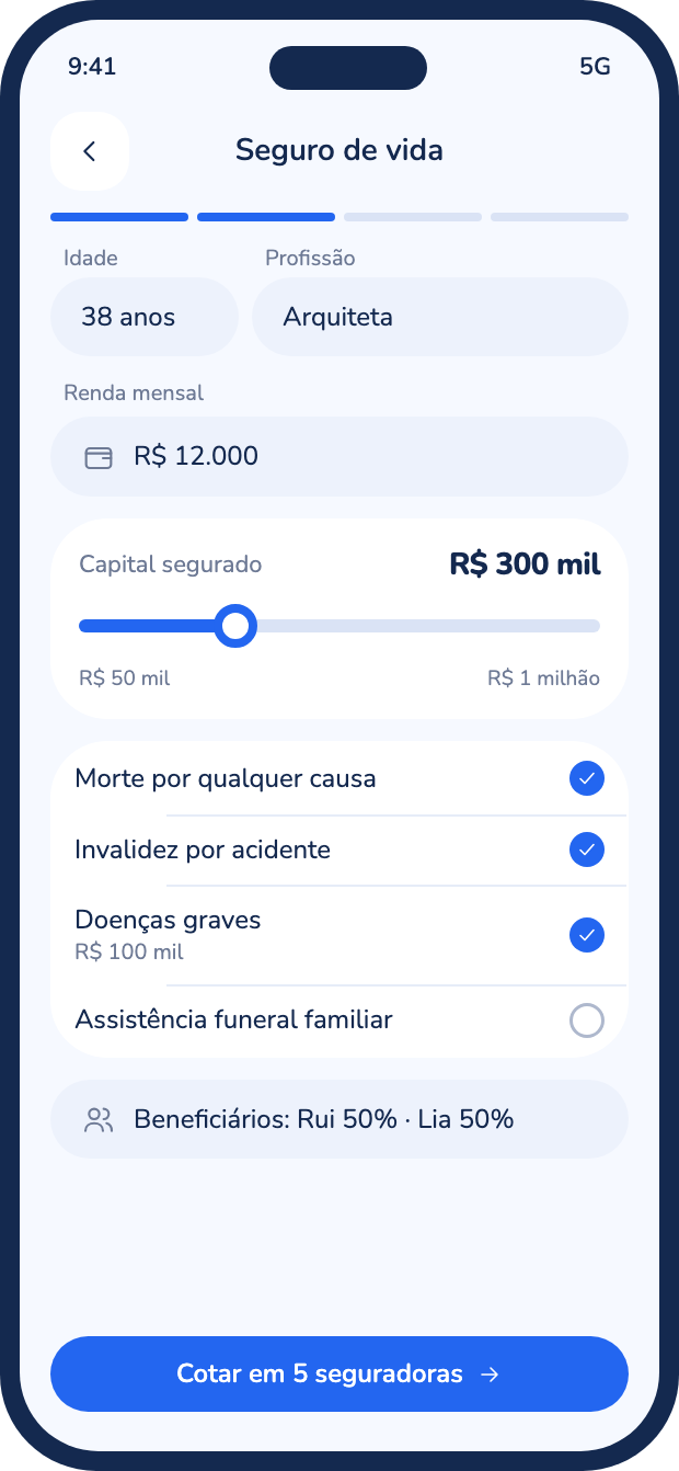 Tela de cotação de seguro de vida com capital segurado