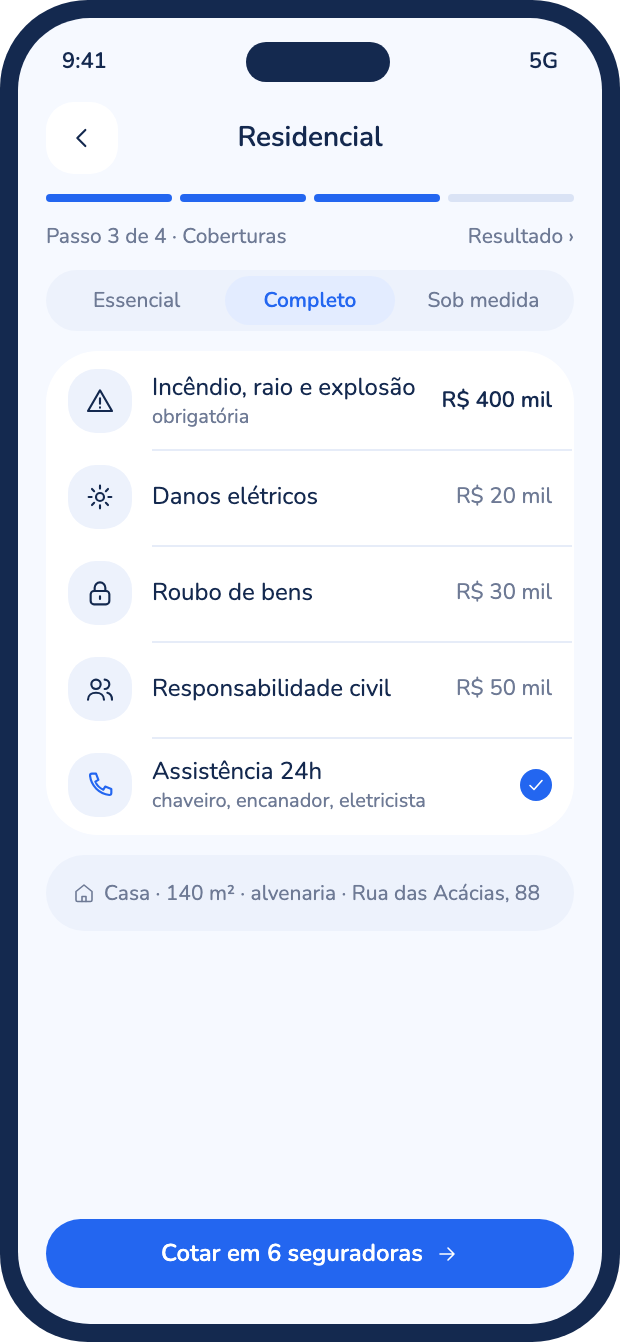 Tela de cotação de seguro residencial com coberturas