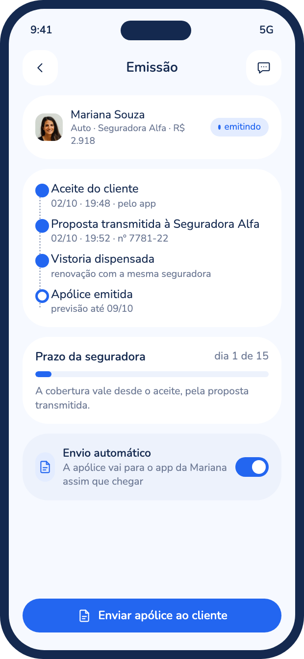 Tela de acompanhamento da emissão da apólice