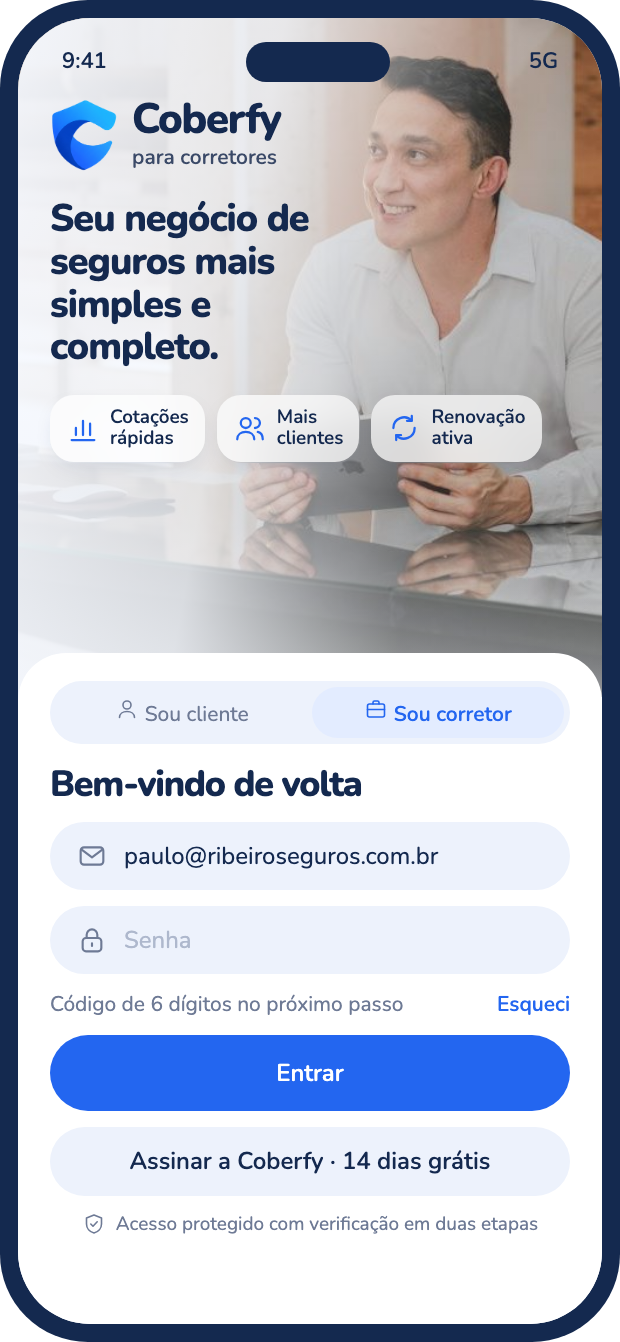 Tela de entrada do corretor no app da Coberfy