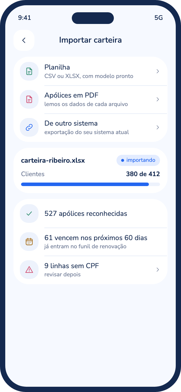 Tela de importação da carteira com o progresso dos clientes importados