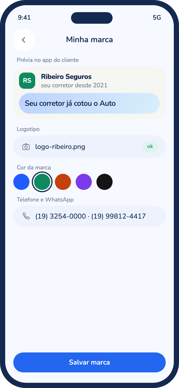Tela de configuração da marca da corretora no app do cliente