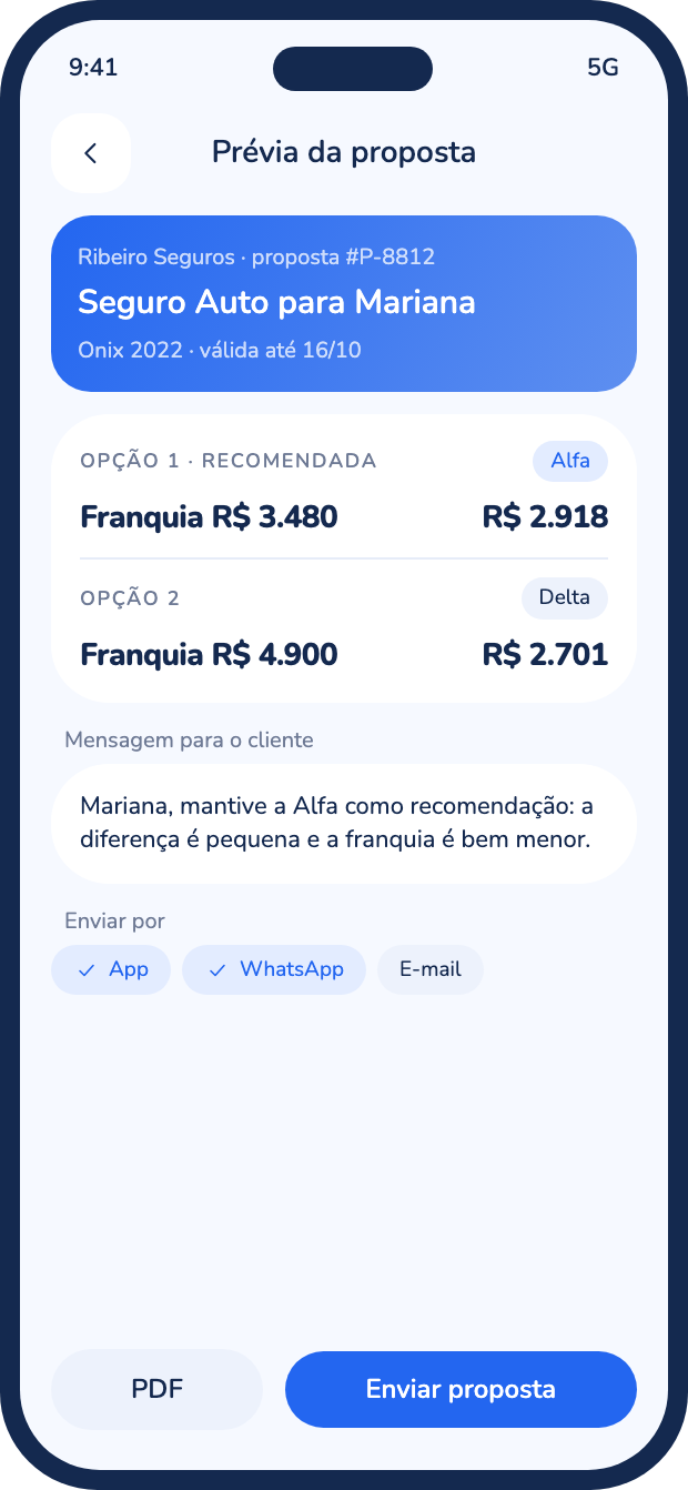 Tela da prévia da proposta com a marca da corretora