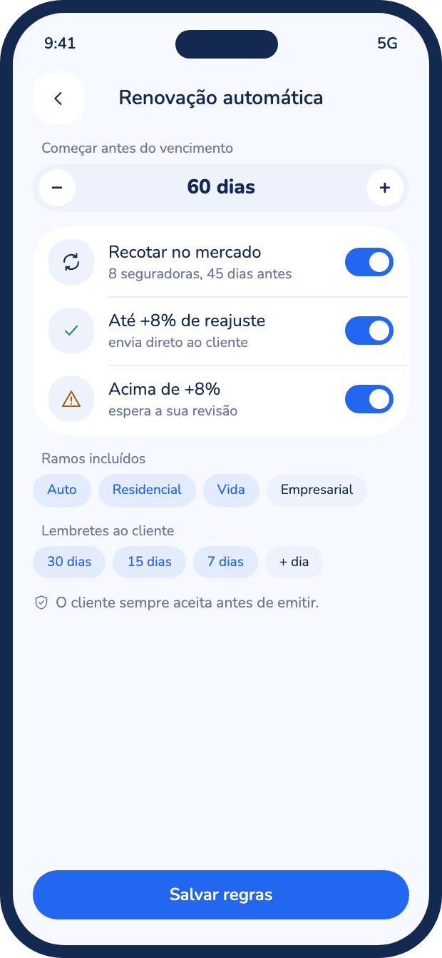 Tela das regras de renovação automática