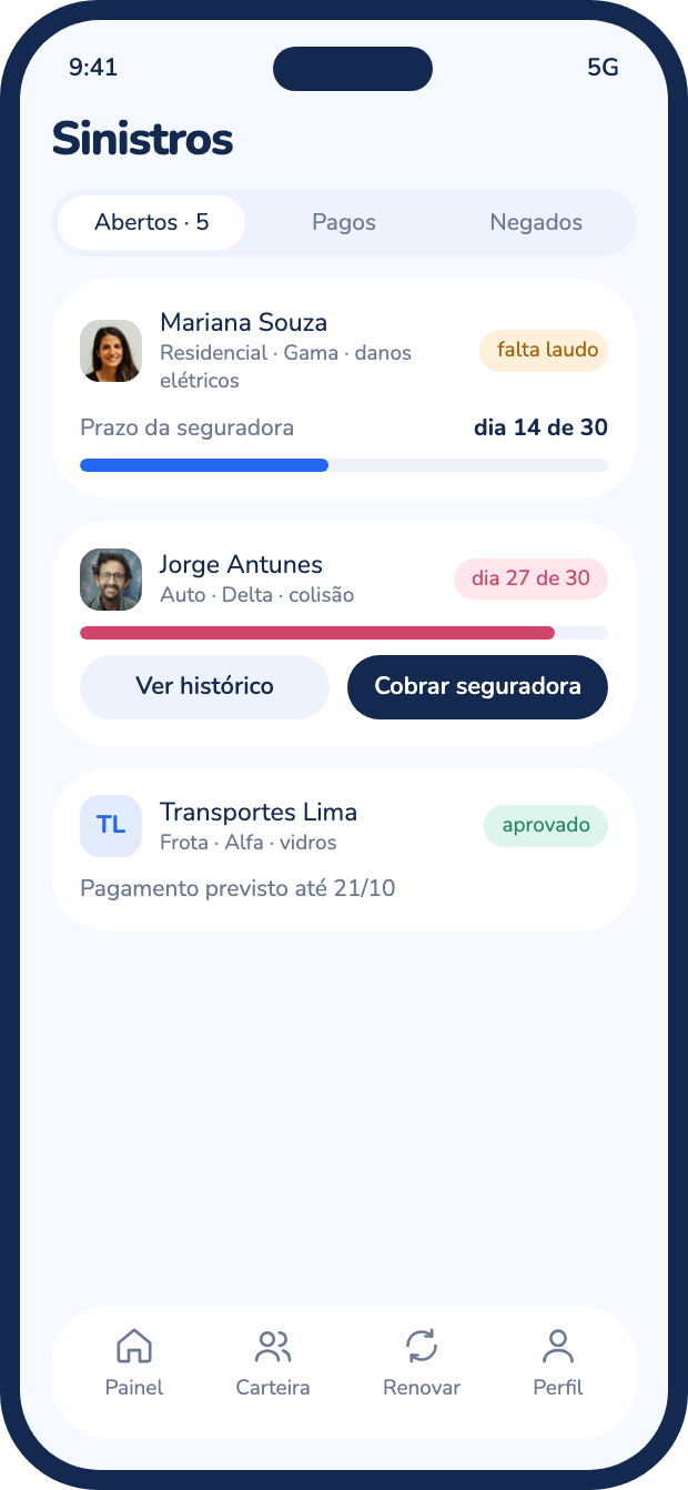 Tela do corretor com os sinistros da carteira e os prazos